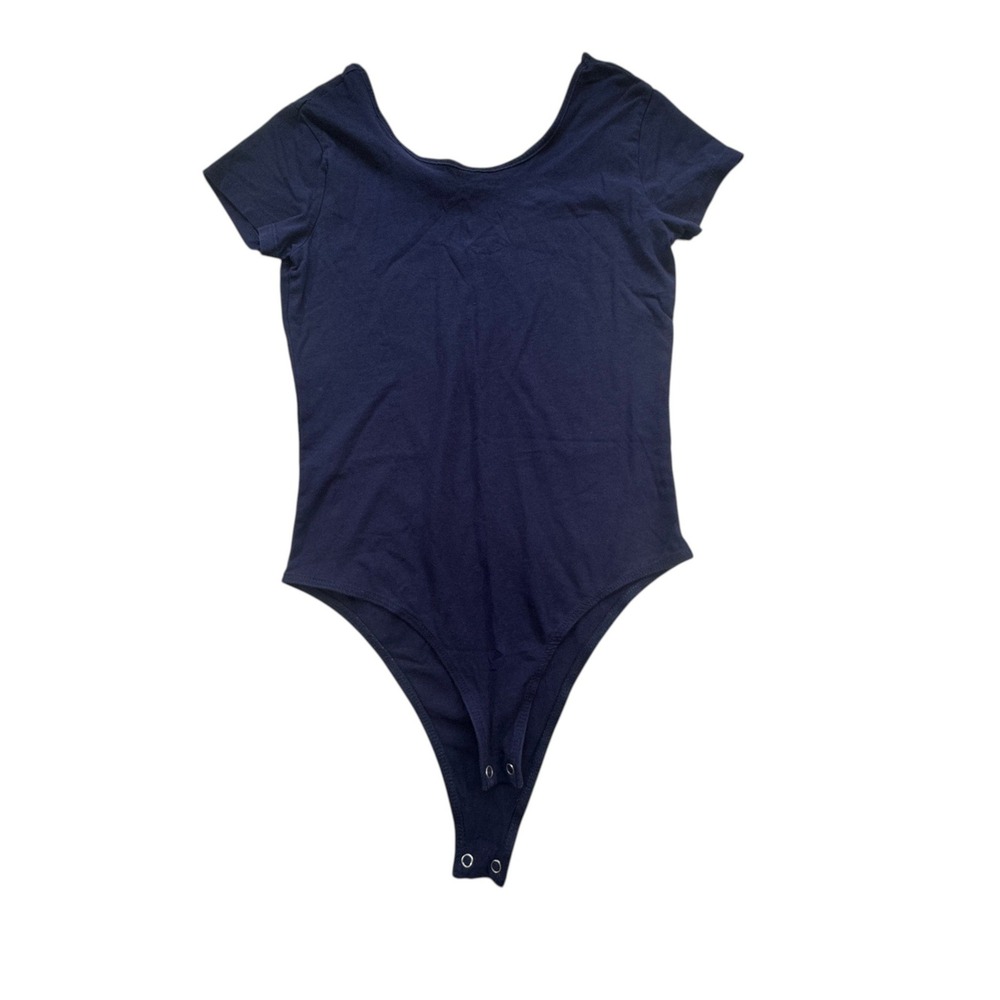 Fashion Nova Navy Blue Bodysuit Womens Medium Short Sleeve Scoop Neck Essential